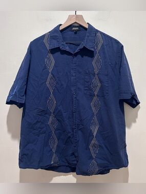 Jogal Short Sleeve Cuban Guayabera Navy Blue w/ Gold Accents Beach Shirt - Large